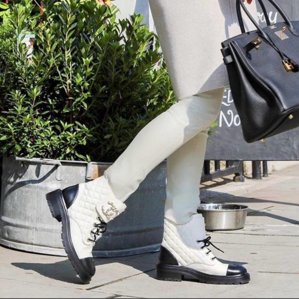 Chanel Shiny Goat Skin Interlocking CC Logo Combat Boots Size 39